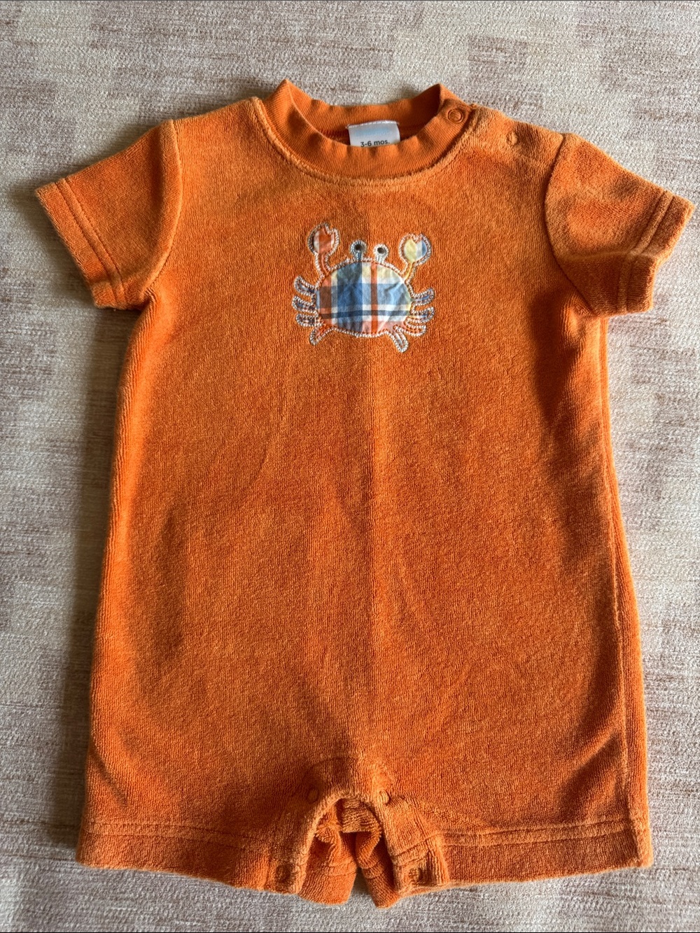 Gymboree Orange Terry Short One Piece Romper with Crab Plaid Applique size 3-6M